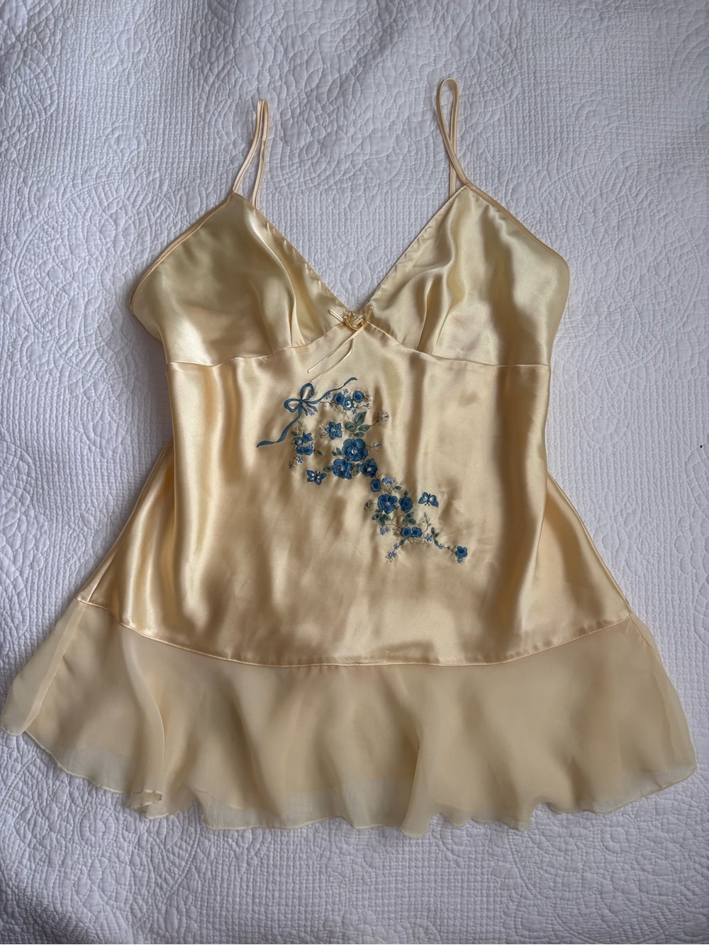 Vintage 90s Embroidered Butter Yellow Sequin Bow Babydoll Slip Tank Top